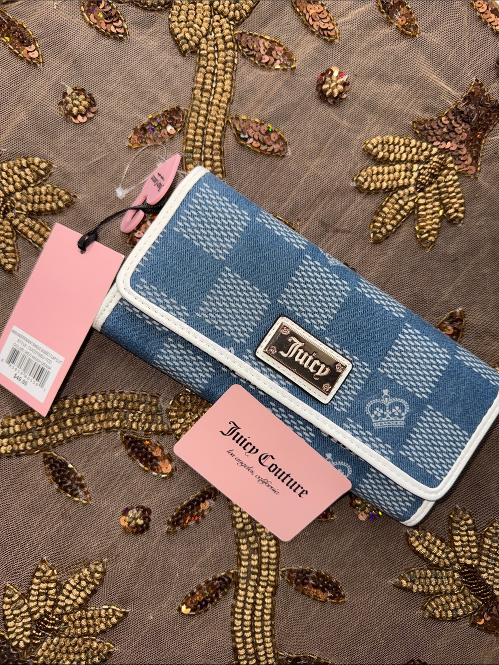 Juicy Couture  denim Blue Check Denim Wallet with White Trim